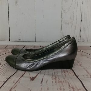 Cole Haan Metallic Silver and Dark Green Wedge Flats